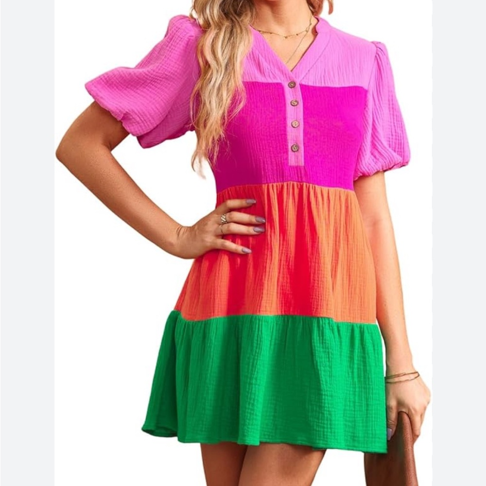 Colorblock Puff-Sleeve Mini Dress - Pink, Orange & Green